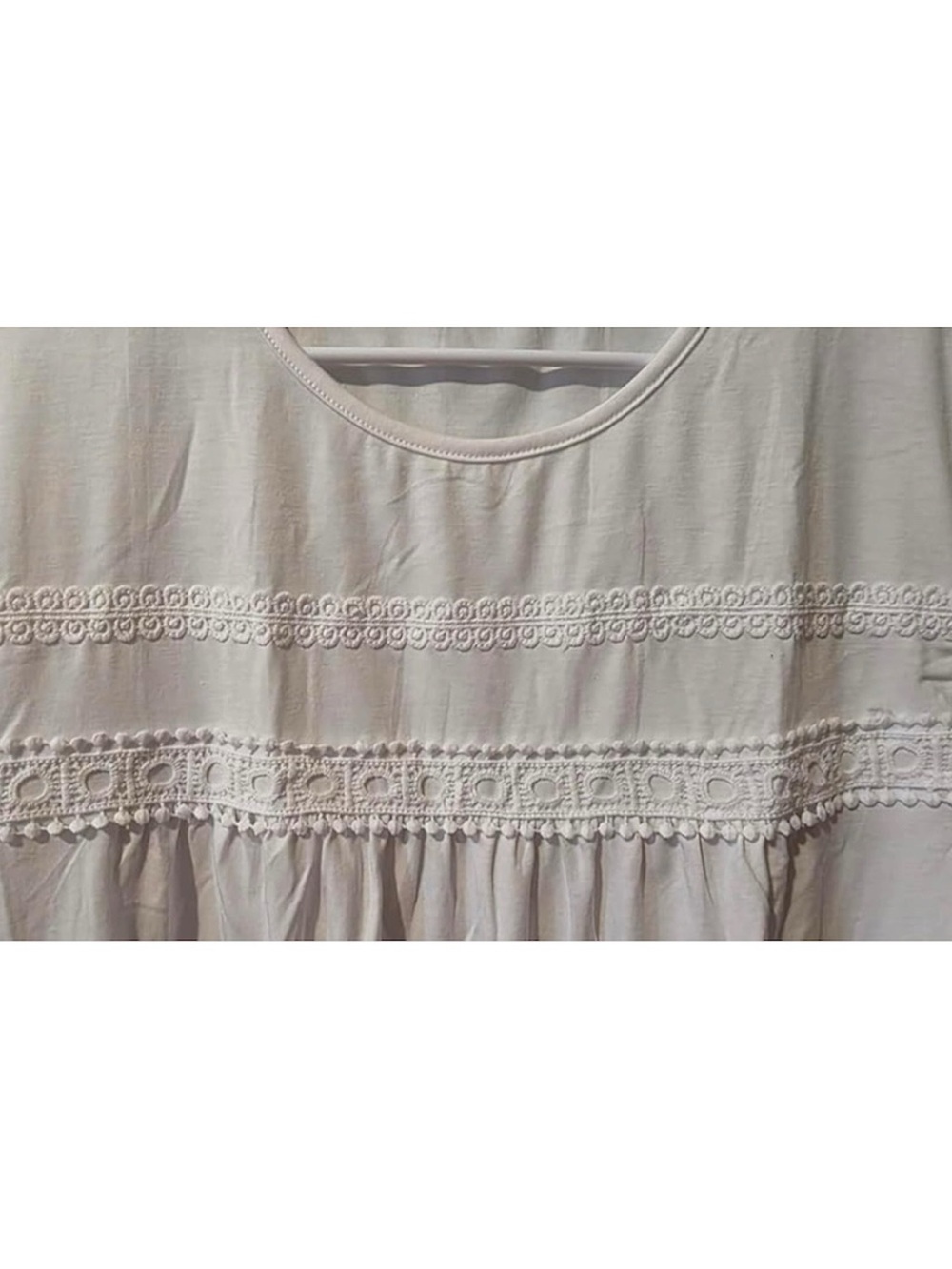 Womens White Crochet Lace Trim Babydoll Short Sleeve Top Blouse Crew Neck M - Picture 3 of 7